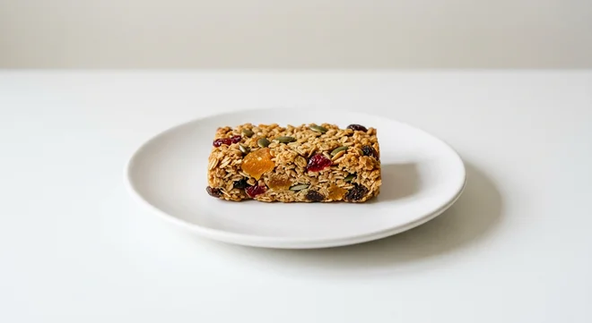 Pret A Manger Pret Bar, fruit and seed bar on a white plate, nutrition and calories