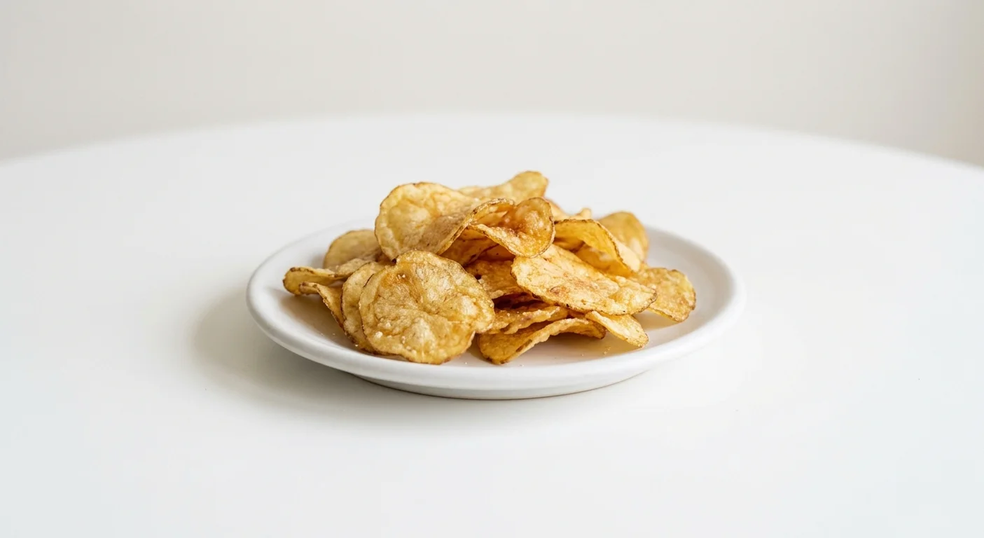Pret A Manger Salt & Cider Vinegar Crisps, sea salt crisps on a white plate, nutrition and calories