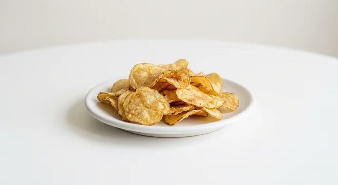 Pret A Manger Salt & Cider Vinegar Crisps, sea salt crisps on a white plate, nutrition and calories
