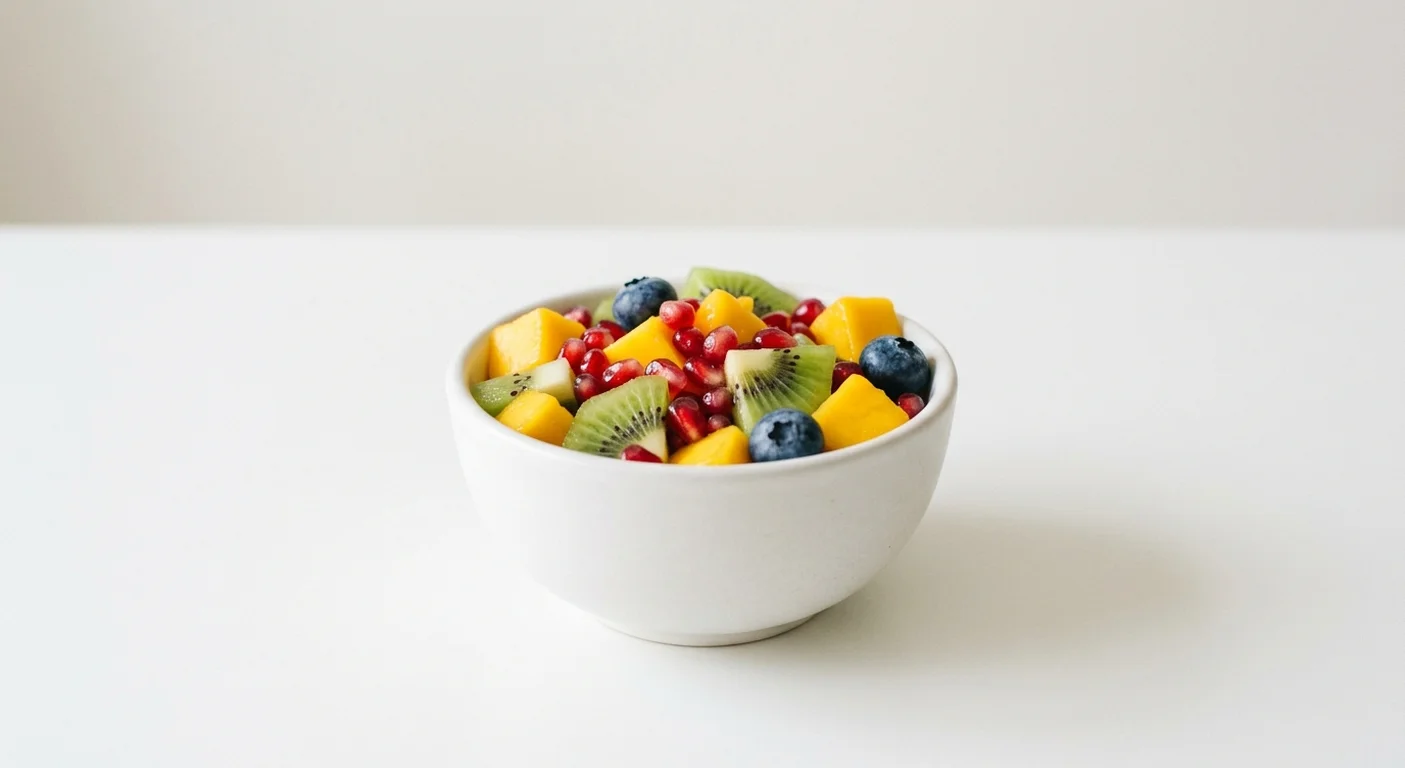 Pret A Manger Super Fruit, mango, kiwi, blueberry and pomegranate fruit salad in a small bowl, nutrition and calories