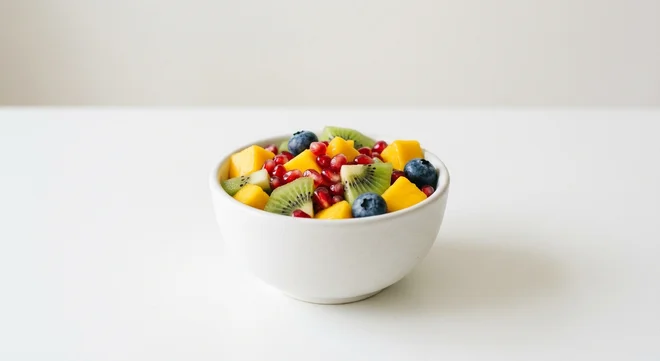 Pret A Manger Super Fruit, mango, kiwi, blueberry and pomegranate fruit salad in a small bowl, nutrition and calories