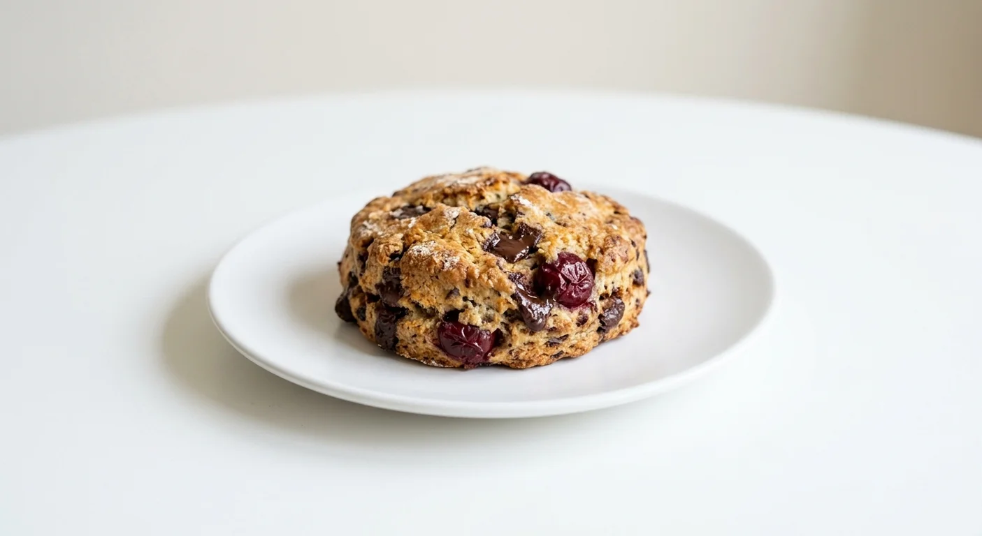 GAIL's Sour Cherry and Chocolate Scone, scone with sour cherries and chocolate chunks on a white plate, nutrition and calories
