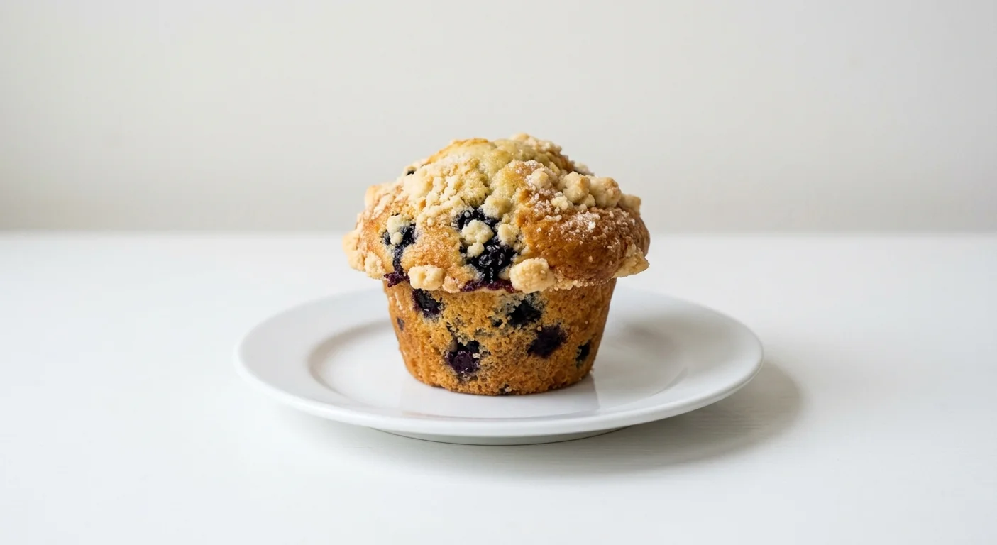 GAIL's Blueberry Muffin, blueberry muffin with crumble topping on a white plate, nutrition and calories