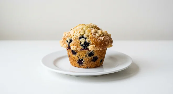 GAIL's Blueberry Muffin, blueberry muffin with crumble topping on a white plate, nutrition and calories