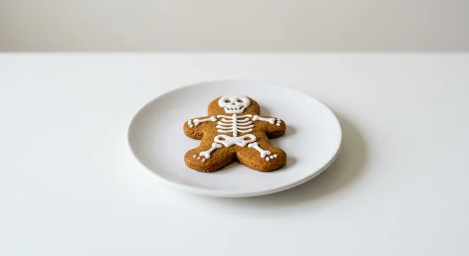 GAIL's Skeleton Biscuit, gingerbread man biscuit with skeleton icing on a white plate, nutrition and calories