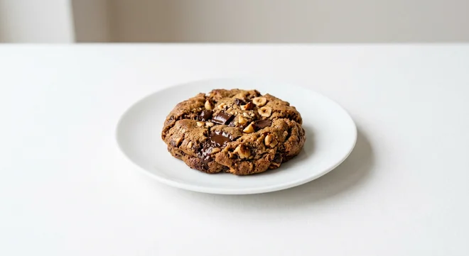 GAIL's Barley, Chocolate and Hazelnut Cookie, cookie with dark chocolate and hazelnuts on a white plate, nutrition and calories