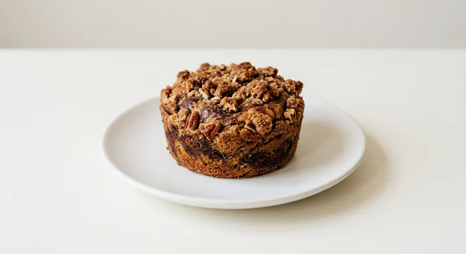 GAIL's Pecan and Cinnamon Crumb Cake, individual cake with pecan crumb topping on a white plate, nutrition and calories