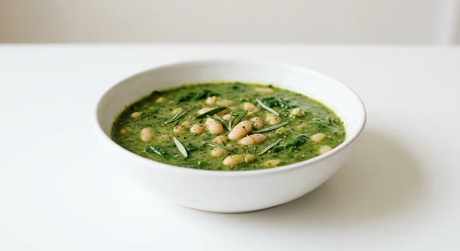 GAIL's Spinach, White Bean and Rosemary Soup, green spinach and white bean soup in a white bowl, nutrition and calories