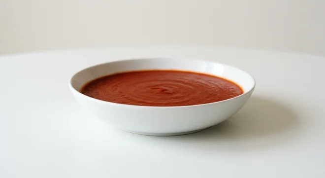 GAIL's Seasonal Tomato Soup, smooth red tomato soup in a white bowl, nutrition and calories