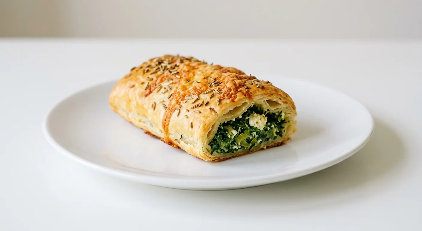 GAIL's Spinach and Feta Roll, puff pastry roll with spinach and feta on a white plate, nutrition and calories