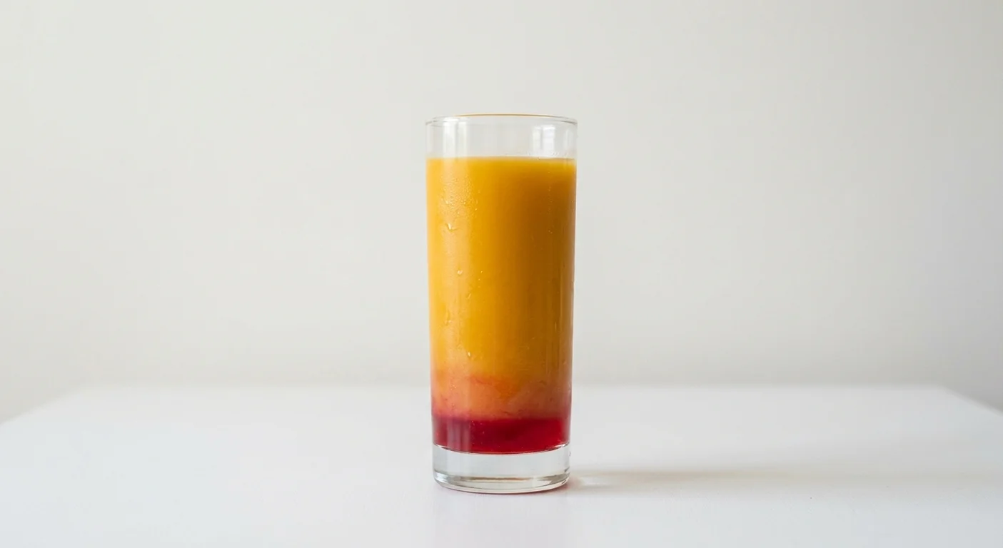 Pret A Manger Mango Sunrise Cooler, layered mango and raspberry cooler in a clear glass, nutrition and calories