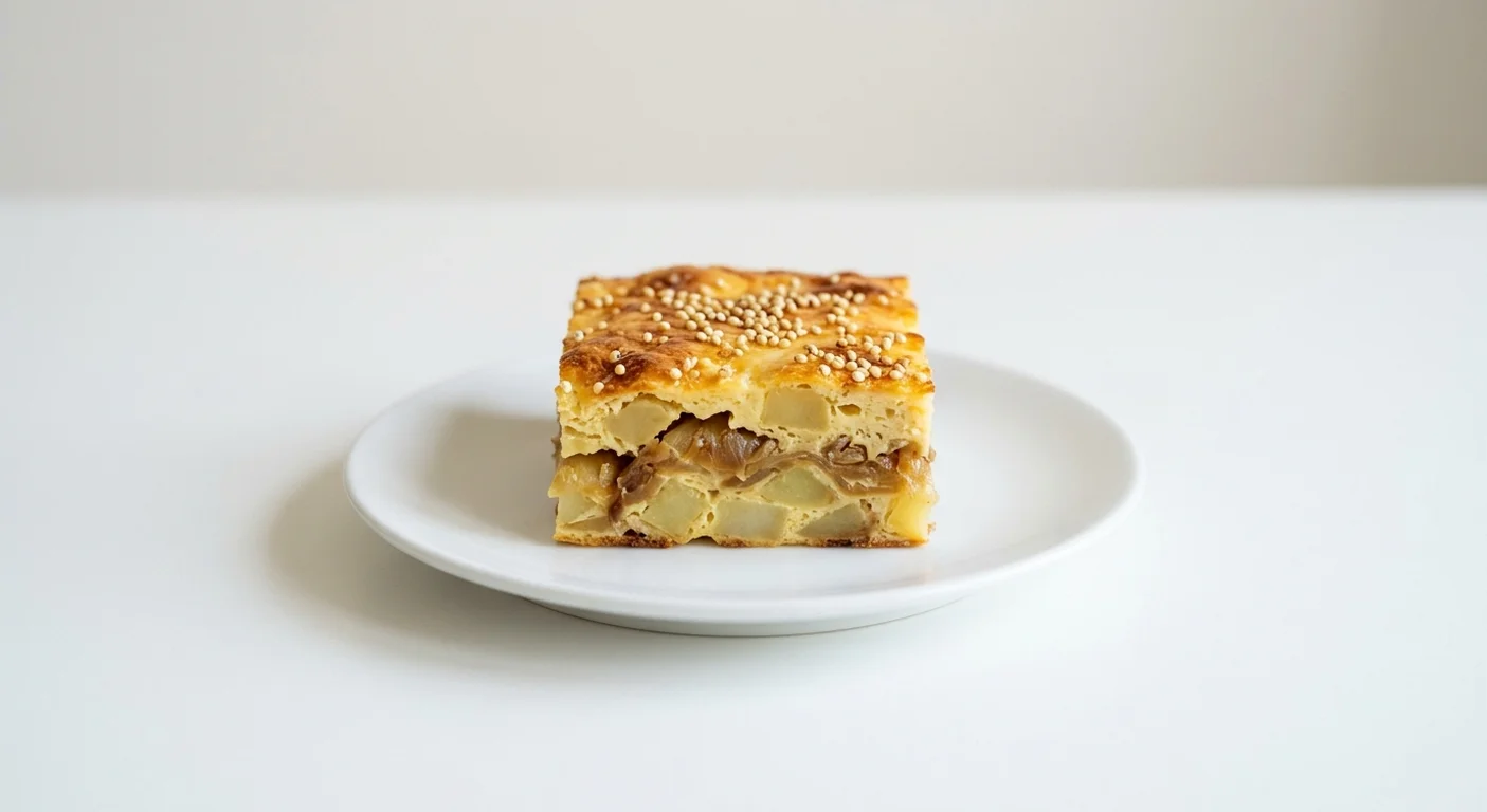 GAIL's Crustless Cheddar, Potato and Caramelised Onion Pie, square slice of crustless cheddar and potato pie on a white plate, nutrition and calories