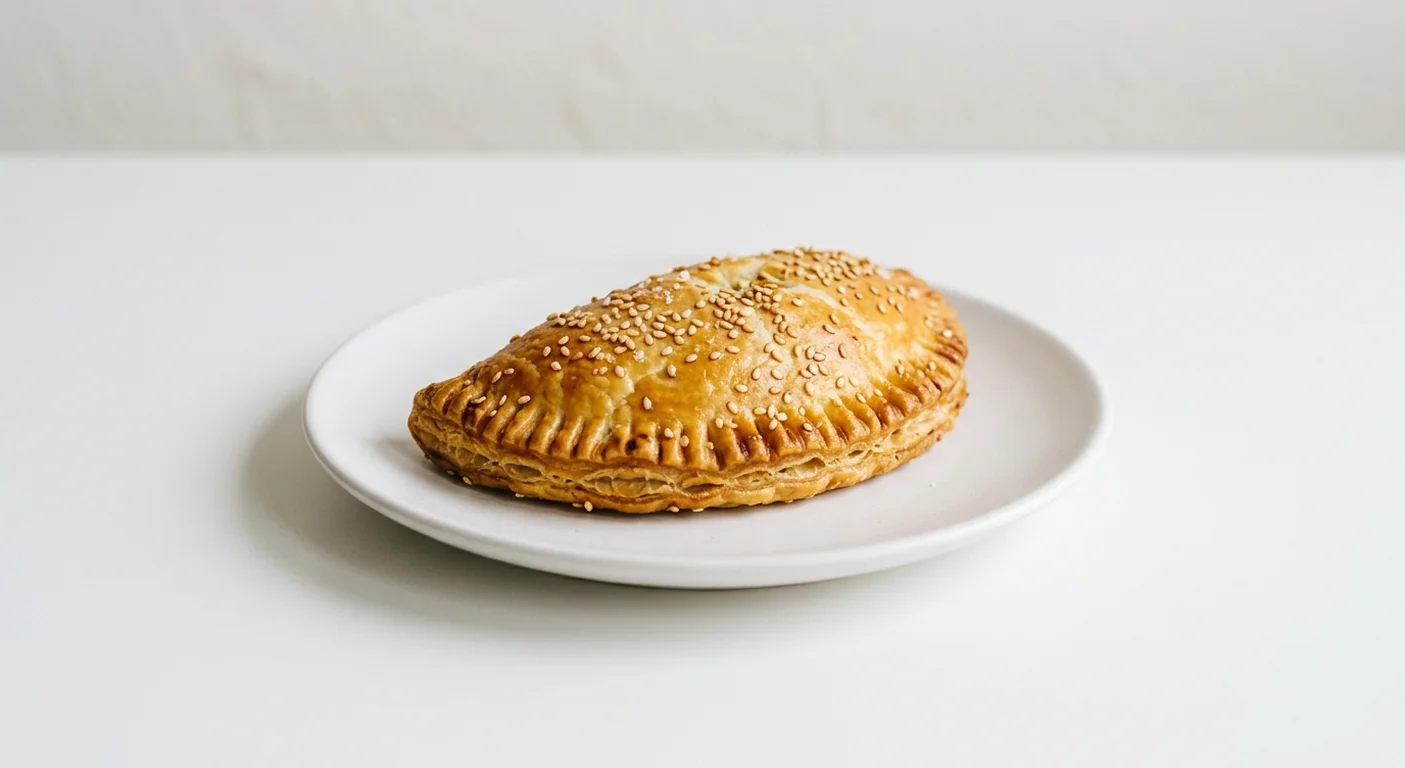 GAIL's Borekita, half-moon golden pastry with sesame seeds on a white plate, nutrition and calories