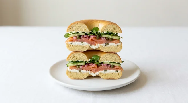 GAIL's Smoked Salmon Bagel, bagel with smoked salmon, cream cheese and pickled onions on a white plate, nutrition and calories