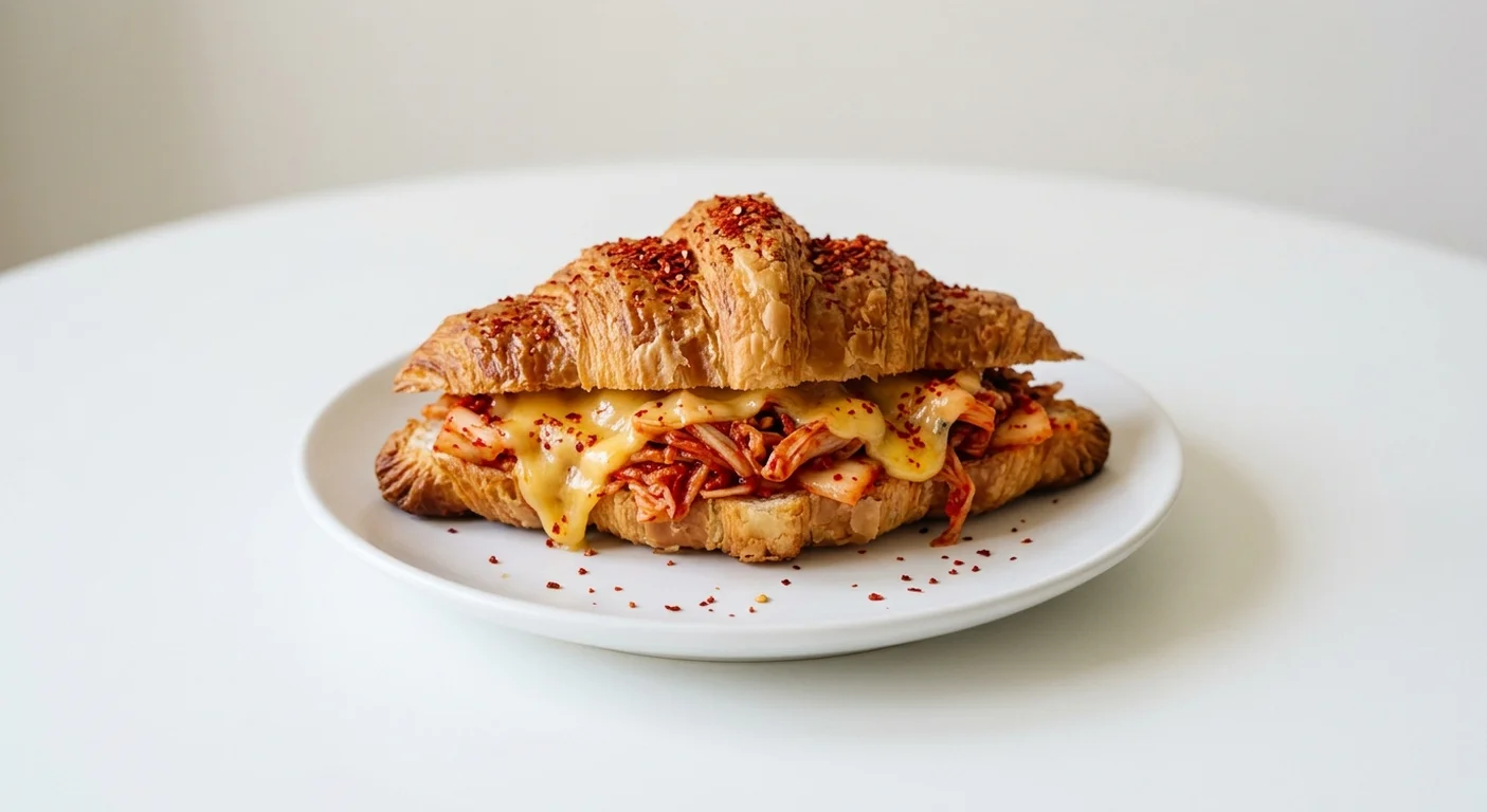 GAIL's Kimchi and Cheddar Croissant, croissant filled with kimchi and melted cheddar on a white plate, nutrition and calories