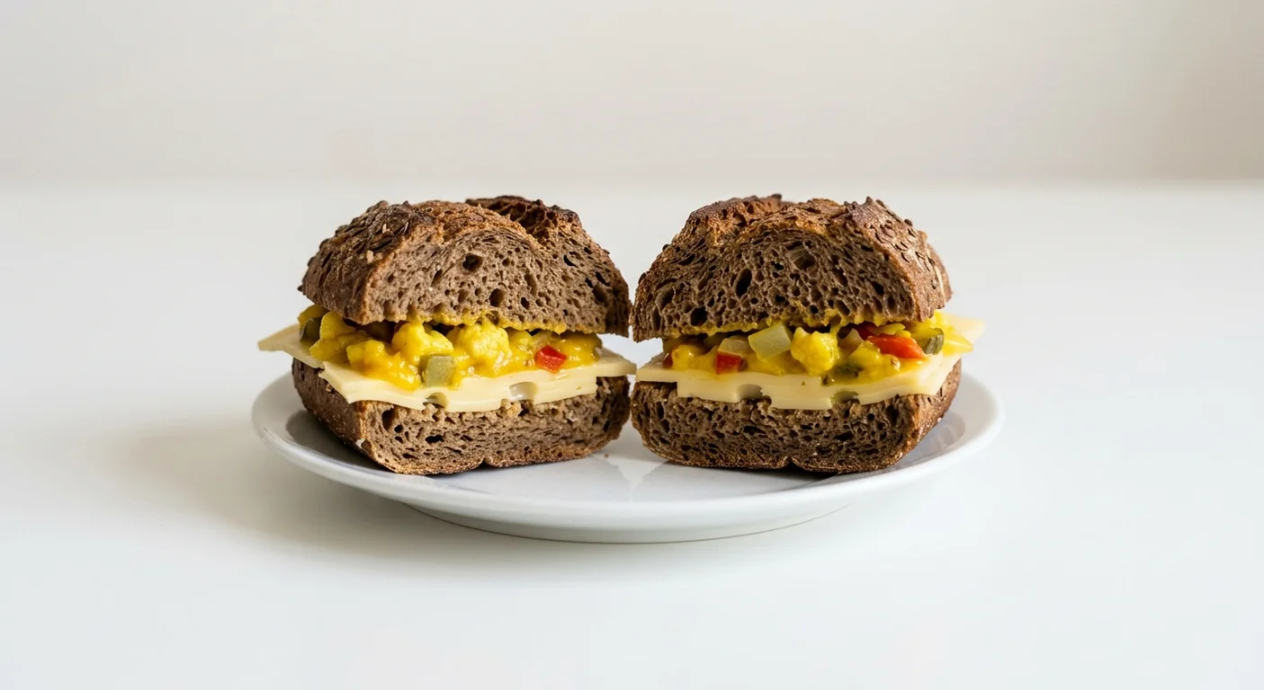 GAIL's Swiss Cheese and Piccalilli Roll, rye roll with Swiss cheese and piccalilli on a white plate, nutrition and calories