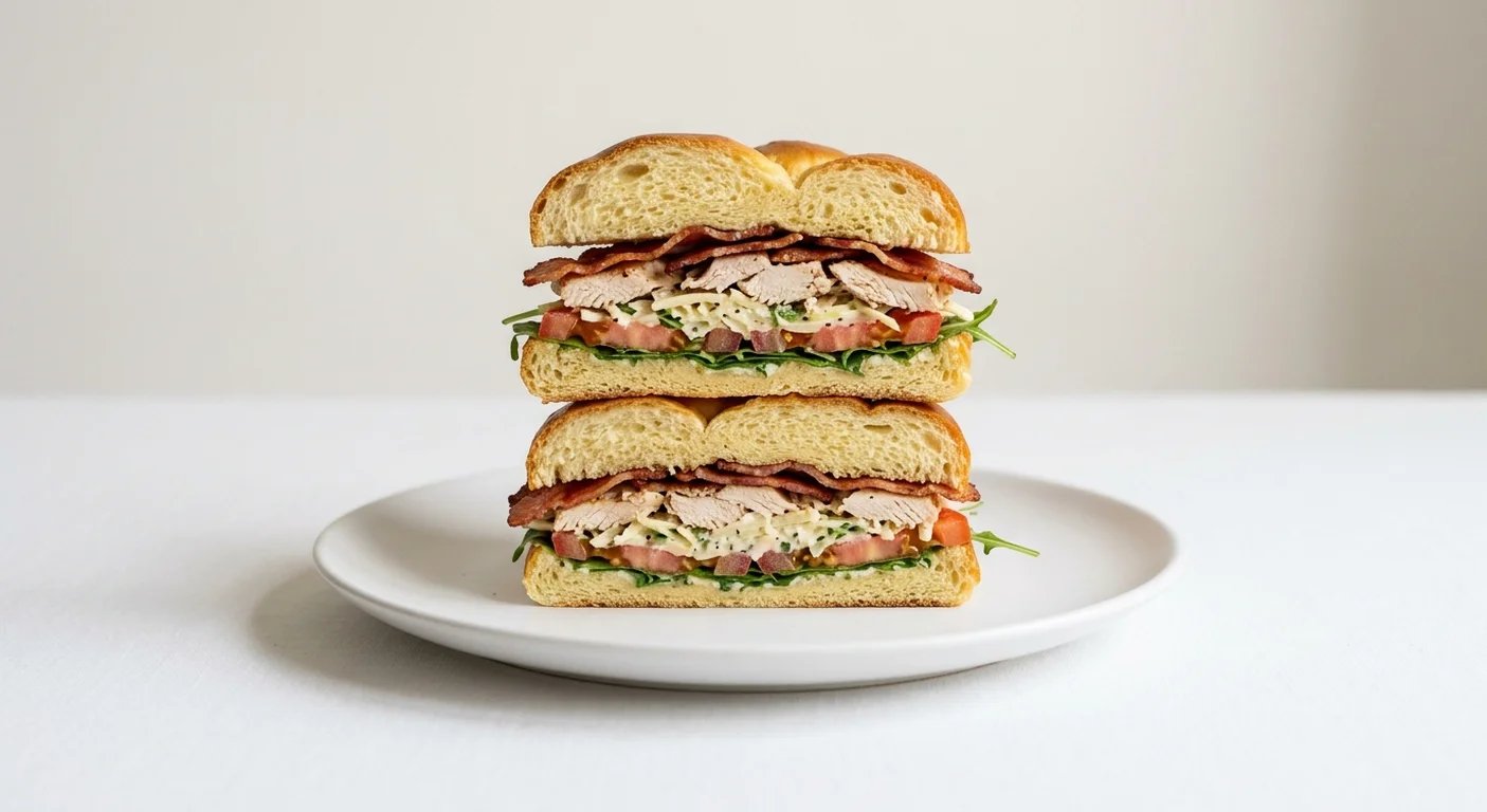 GAIL's Chicken Caesar Club, triple-decker challah club with chicken, bacon and Caesar slaw on a white plate, nutrition and calories