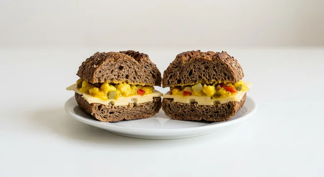 GAIL's Swiss Cheese and Piccalilli Roll, rye roll with Swiss cheese and piccalilli on a white plate, nutrition and calories