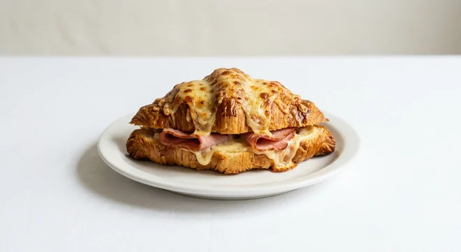 GAIL's Ham and Cheese Croissant, twice-baked croissant with ham, bechamel and melted cheese on a white plate, nutrition and calories