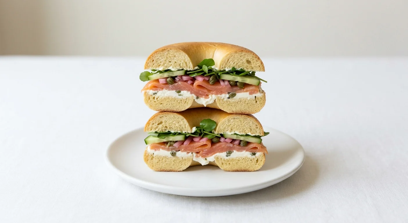 GAIL's Smoked Salmon Bagel, bagel with smoked salmon, cream cheese and pickled onions on a white plate, nutrition and calories
