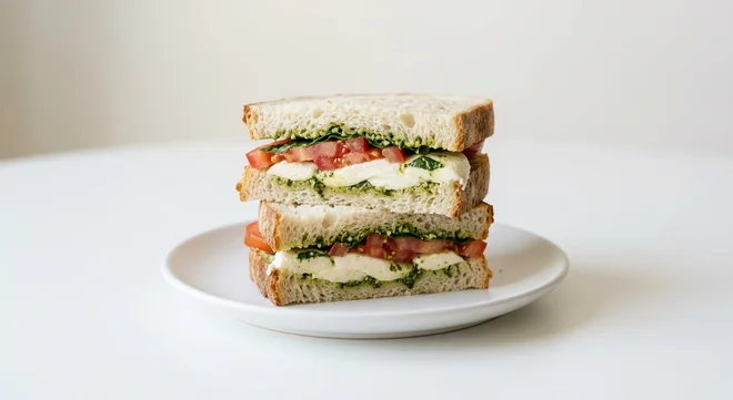 GAIL's Mozzarella, Tomato and Pesto Sandwich, sourdough sandwich with mozzarella, tomato and pesto on a white plate, nutrition and calories
