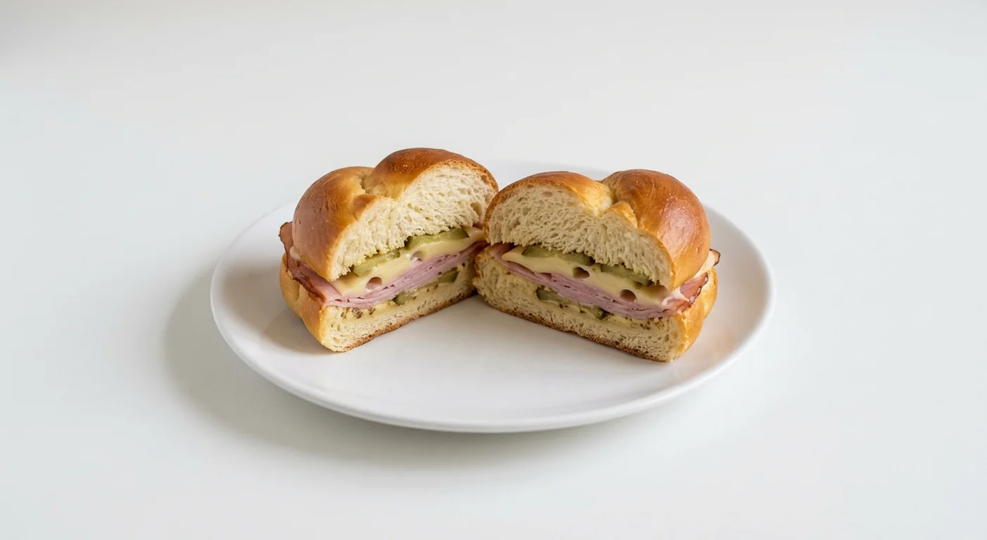 GAIL's Ham, Cheese and Pickle Sandwich, challah knot roll with ham, cheese and pickles on a white plate, nutrition and calories