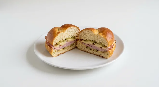 GAIL's Ham, Cheese and Pickle Sandwich, challah knot roll with ham, cheese and pickles on a white plate, nutrition and calories