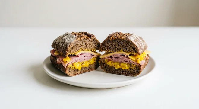 GAIL's Ham, Cheese and Piccalilli Roll, rye roll with ham, cheese and piccalilli on a white plate, nutrition and calories