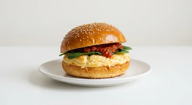 GAIL's Breakfast Egg Slider, brioche slider with cheese souffle, spinach and tomato relish on a white plate, nutrition and calories