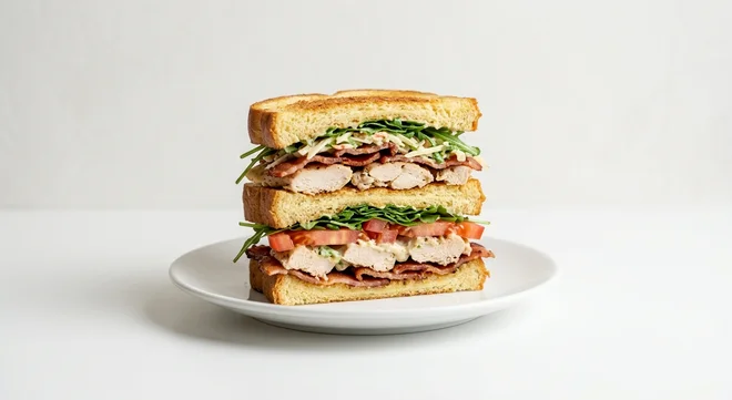 GAIL's Half Chicken Caesar Club, half triple-decker challah club with chicken, bacon and Caesar slaw on a white plate, nutrition and calories
