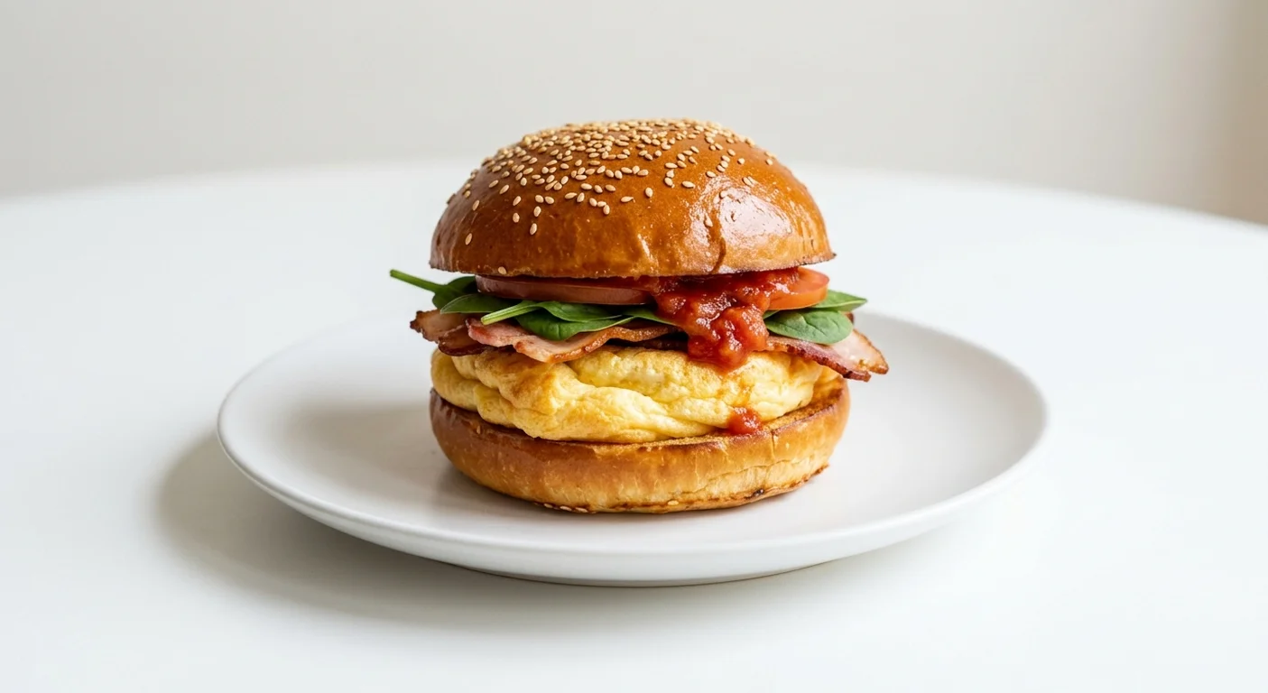 GAIL's Breakfast Bacon and Egg Slider, brioche slider with cheese souffle and crispy bacon on a white plate, nutrition and calories