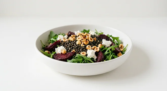 GAIL's Beetroot, Lentil and Goat's Cheese Salad, beetroot and lentil salad with goat cheese in a white bowl, nutrition and calories