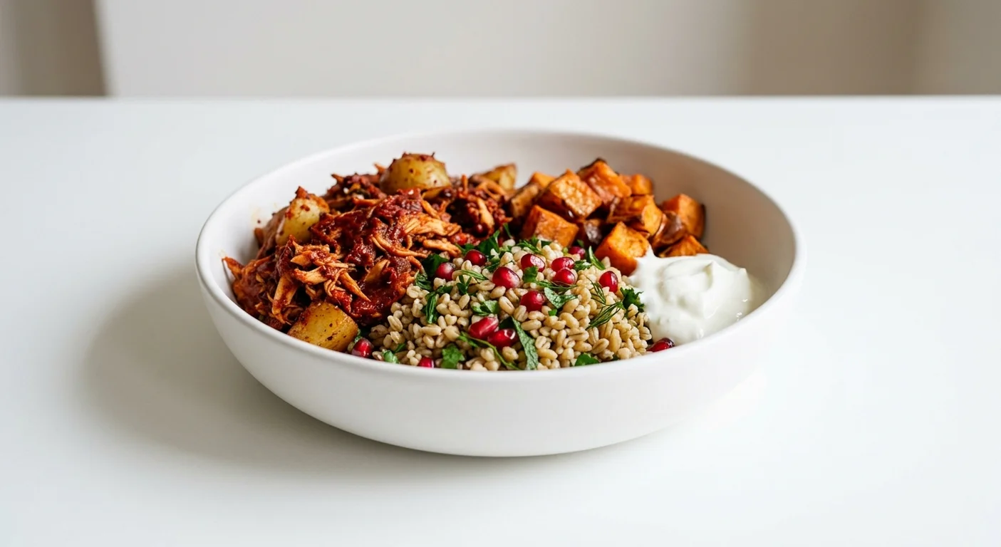 GAIL's Harissa Chicken and Potato Salad, harissa chicken salad with potatoes and freekeh in a white bowl, nutrition and calories