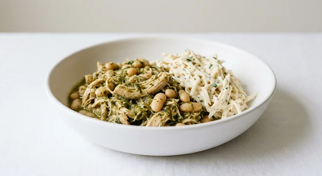 GAIL's Salsa Verde Chicken and Remoulade Salad, salsa verde chicken with beans and remoulade in a white bowl, nutrition and calories