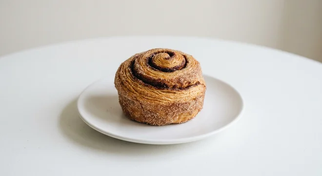 GAIL's Cinnamon Bun, flaky cinnamon sugar spiral bun on a white plate, nutrition and calories