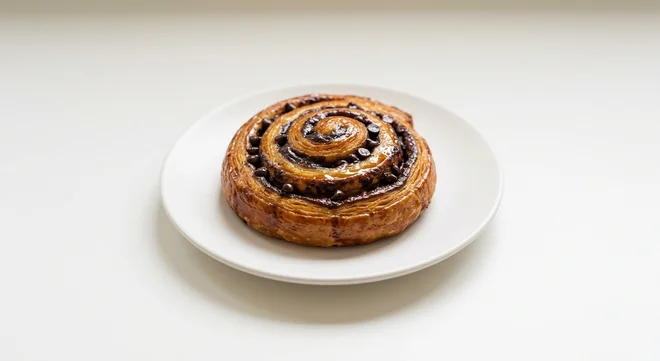 GAIL's Chocolate Babka Bun, round spiral chocolate babka bun on a white plate, nutrition and calories
