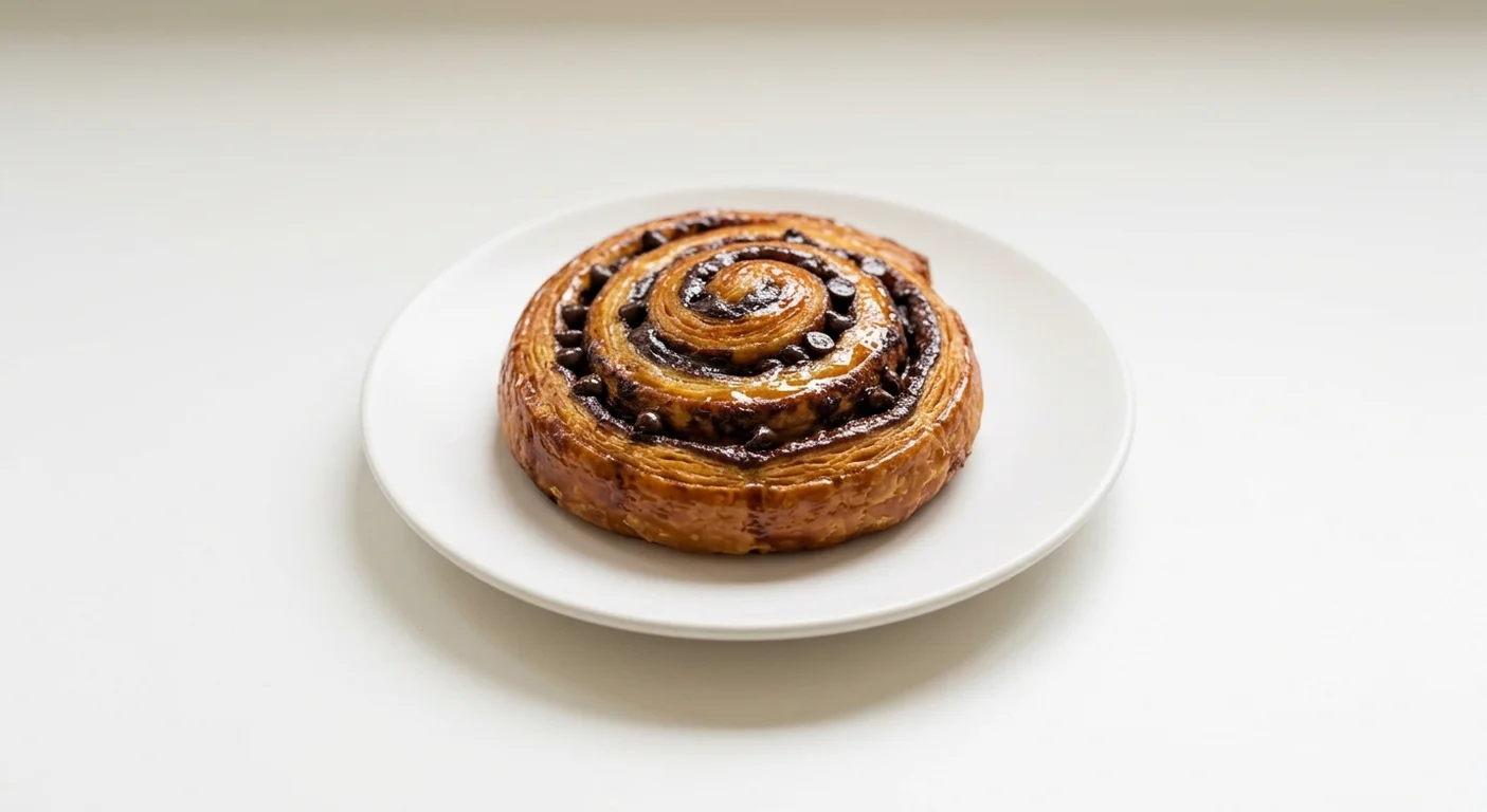 GAIL's Chocolate Babka Bun, round spiral chocolate babka bun on a white plate, nutrition and calories