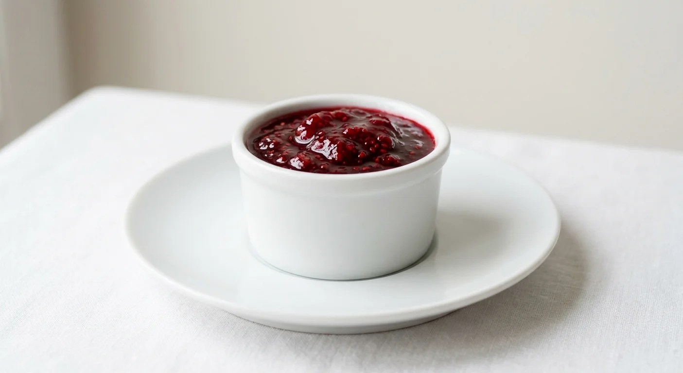 GAIL's Raspberry and Rose Jam, raspberry jam in a white ramekin on a white plate, nutrition and calories