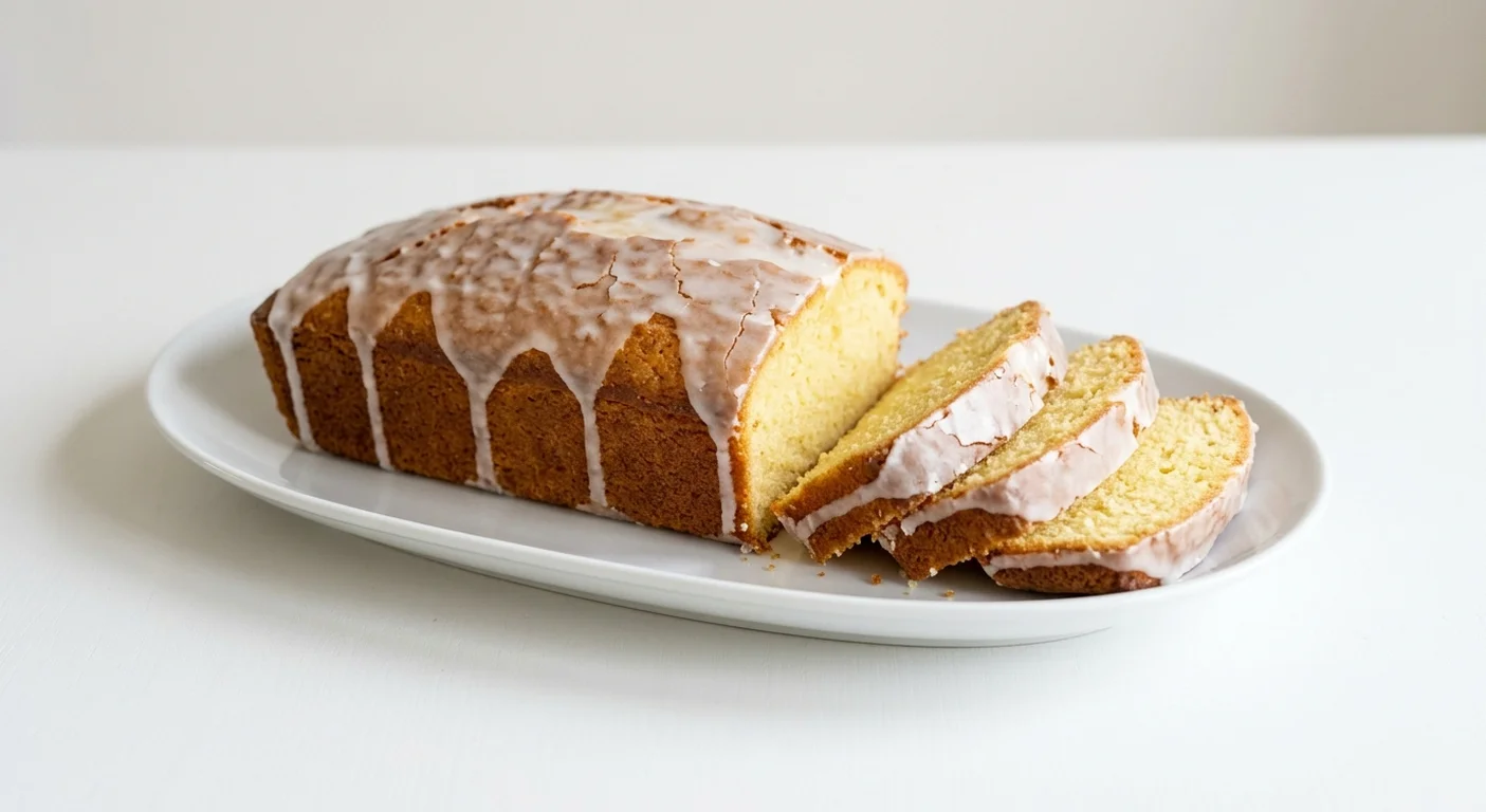 GAIL's Lemon Drizzle Loaf Cake, cut lemon drizzle loaf cake with slices on a white plate, nutrition and calories