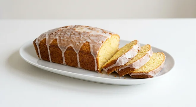 GAIL's Lemon Drizzle Loaf Cake, cut lemon drizzle loaf cake with slices on a white plate, nutrition and calories