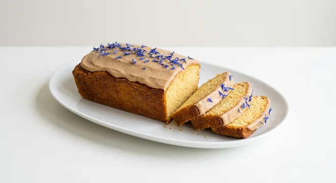 GAIL's Honey Loaf Cake, cut honey loaf cake with slices on a white plate, nutrition and calories