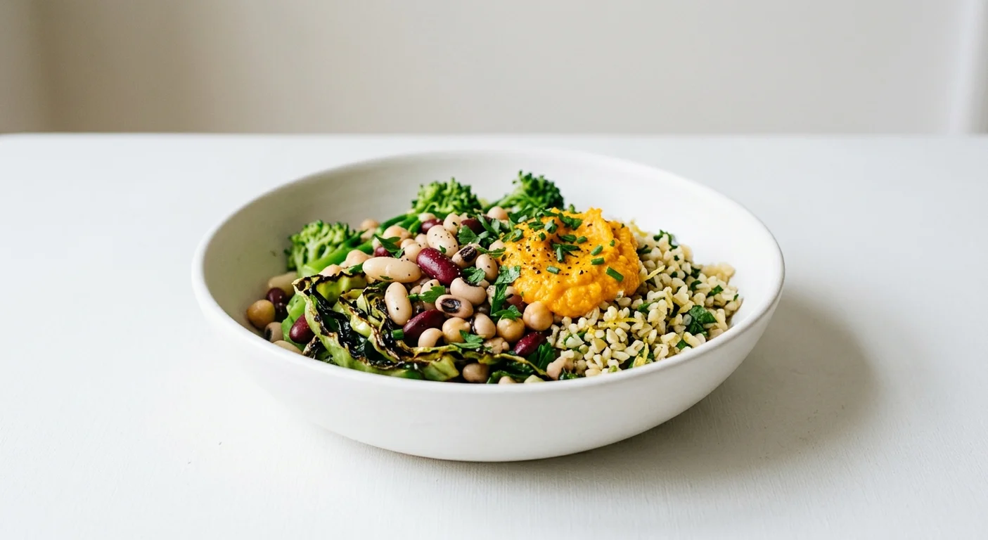 GAIL's Four Bean, Tenderstem and Sweetheart Cabbage Salad, four-bean salad with tenderstem broccoli and cabbage in a white bowl, nutrition and calories
