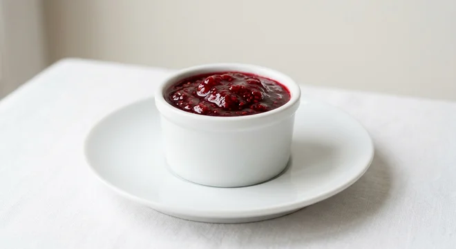 GAIL's Raspberry and Rose Jam, raspberry jam in a white ramekin on a white plate, nutrition and calories