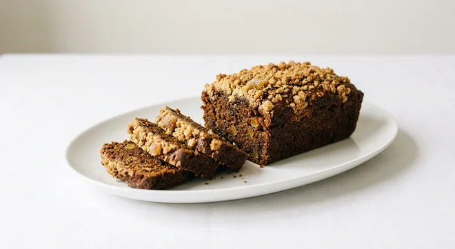 GAIL's Ginger and Treacle Loaf Cake, cut ginger and treacle loaf cake with slices on a white plate, nutrition and calories