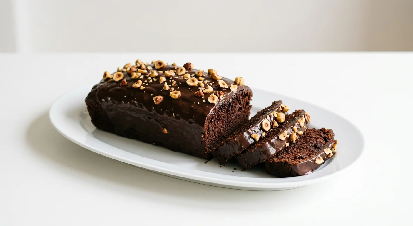 GAIL's Chocolate Loaf Cake, cut chocolate loaf cake with slices on a white plate, nutrition and calories
