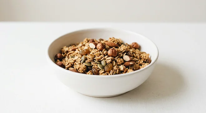 GAIL's Classic Fruit and Nut Granola, fruit and nut granola in a white bowl, nutrition and calories