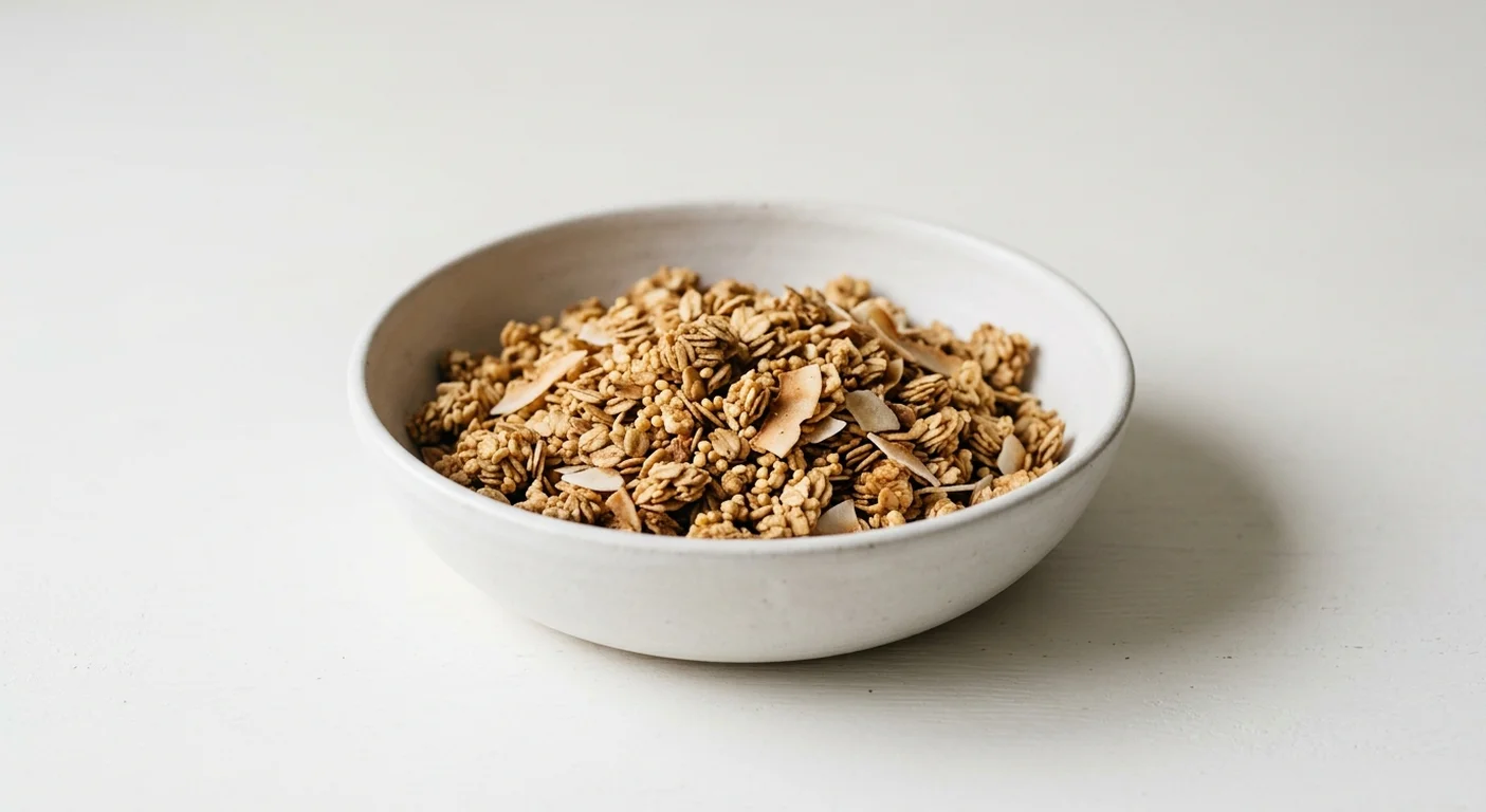 GAIL's Toasted Coconut, Rye and Maple Granola, toasted coconut and rye granola in a white bowl, nutrition and calories