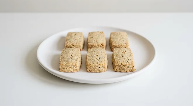 GAIL's Vanilla Shortbread with Heritage Grain, six wholegrain vanilla shortbread biscuits on a white plate, nutrition and calories