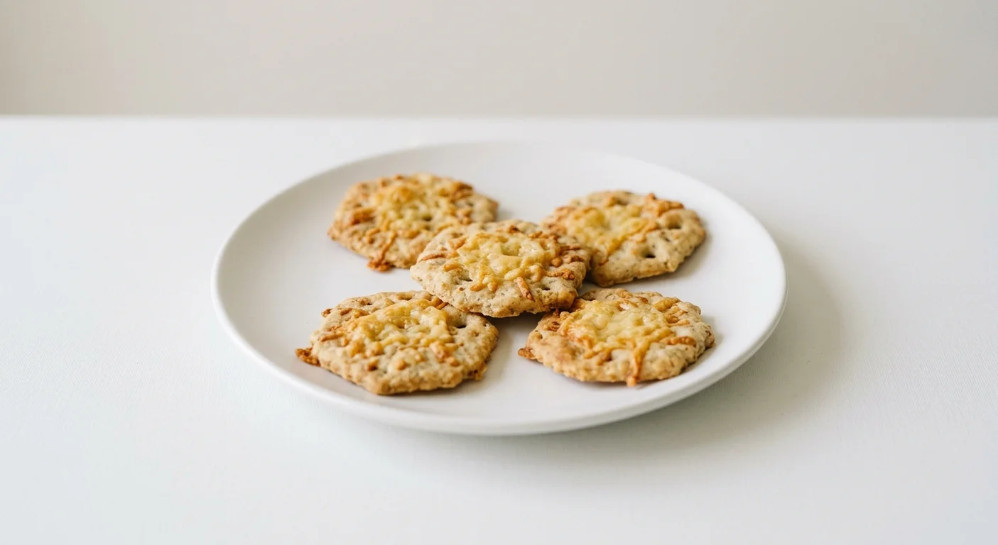GAIL's Cheddar Cheese Crackers, five thin cheddar-topped crackers on a white plate, nutrition and calories