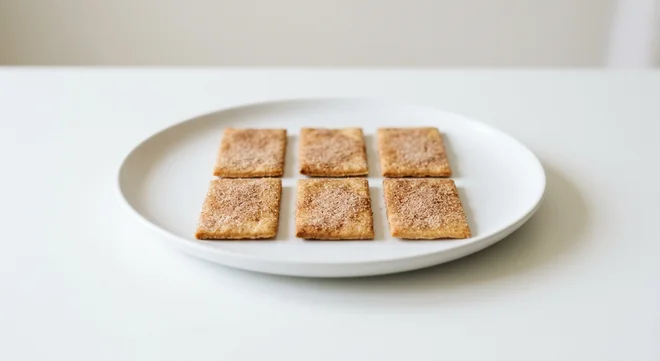 GAIL's Cinnamon Crackers, six thin cinnamon sugar crackers on a white plate, nutrition and calories